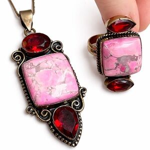 925 Silver Pink Stone & Red Crystal Jewelry Set – Necklace & Ring Size 8